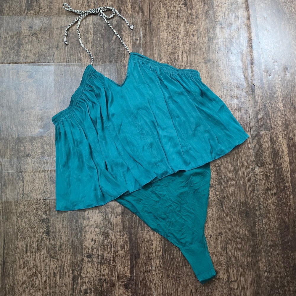 FREE PEOPLE Bodysuit Womens L Teal Green Ruffle Halter Braided Strap Thong